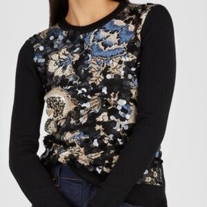 Tory Burch Sequin Front Embellishments Agnes Merino Wool Crewneck Sweater XL